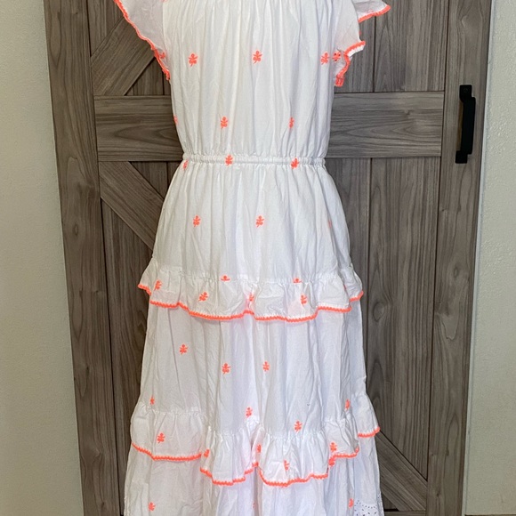 J. Crew 8 White with orange tiered ruffle midi dress - Picture 6 of 6